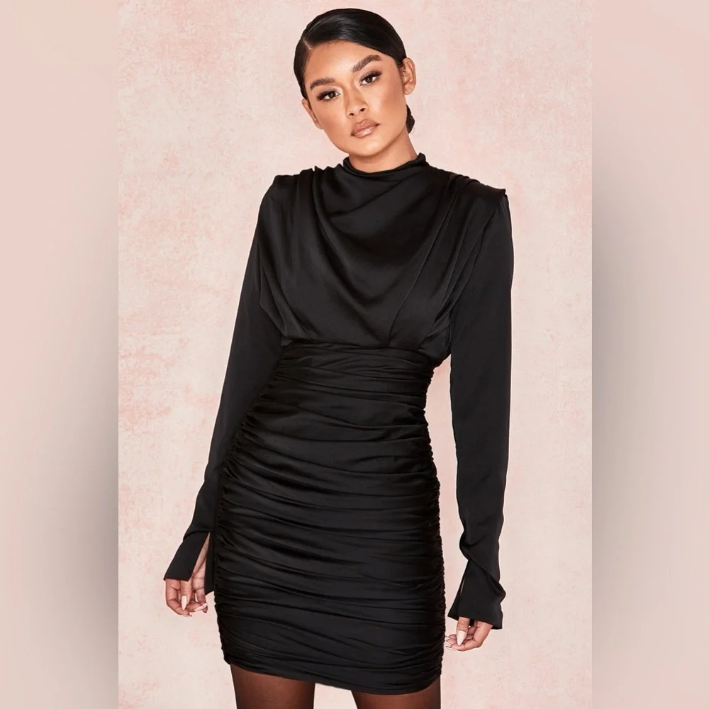 house of cb long sleeve mini dress Toira long-sleeved corseted satin mini dress - ROSE